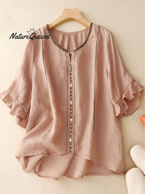 Loose Casual Embroidered Ruffle Sleeve Patchwork Shirt