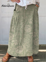 Women’s Retro Elegant Floral Art Linen Pocket Skirt Green / S