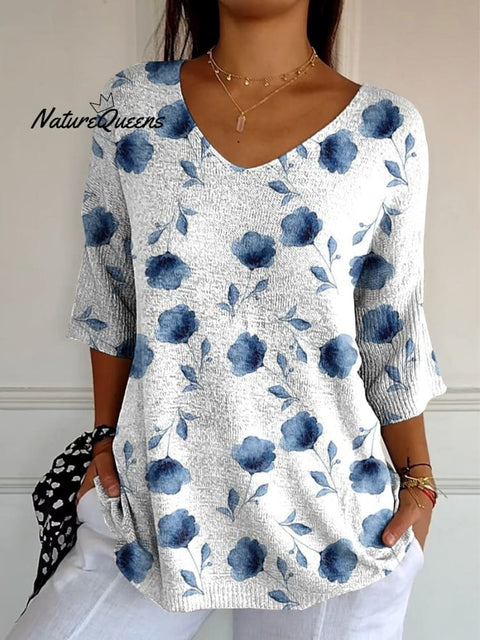 Women's Cute Little Blue Flower Print Casual Pullover Knit