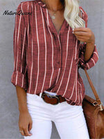 Women‘s Long Sleeve Blouse Ladies Fashion V - Neck Stripe Shirt Red / S