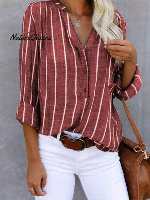 Women‘s Long Sleeve Blouse Ladies Fashion V - Neck Stripe Shirt Red / S