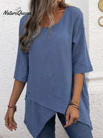 Cotton And Linen Crewneck Irregular Shirt Top Blue / S