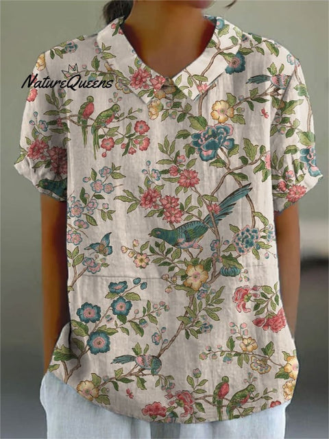 Women’s Floral Print Casual Cotton And Linen Shirt Multicolor / S
