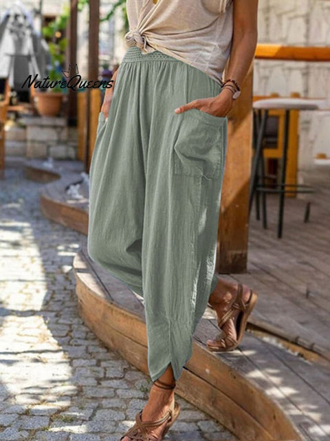 Women's Solid Color Loose Elegant Casual Simple Cotton And Linen Pants