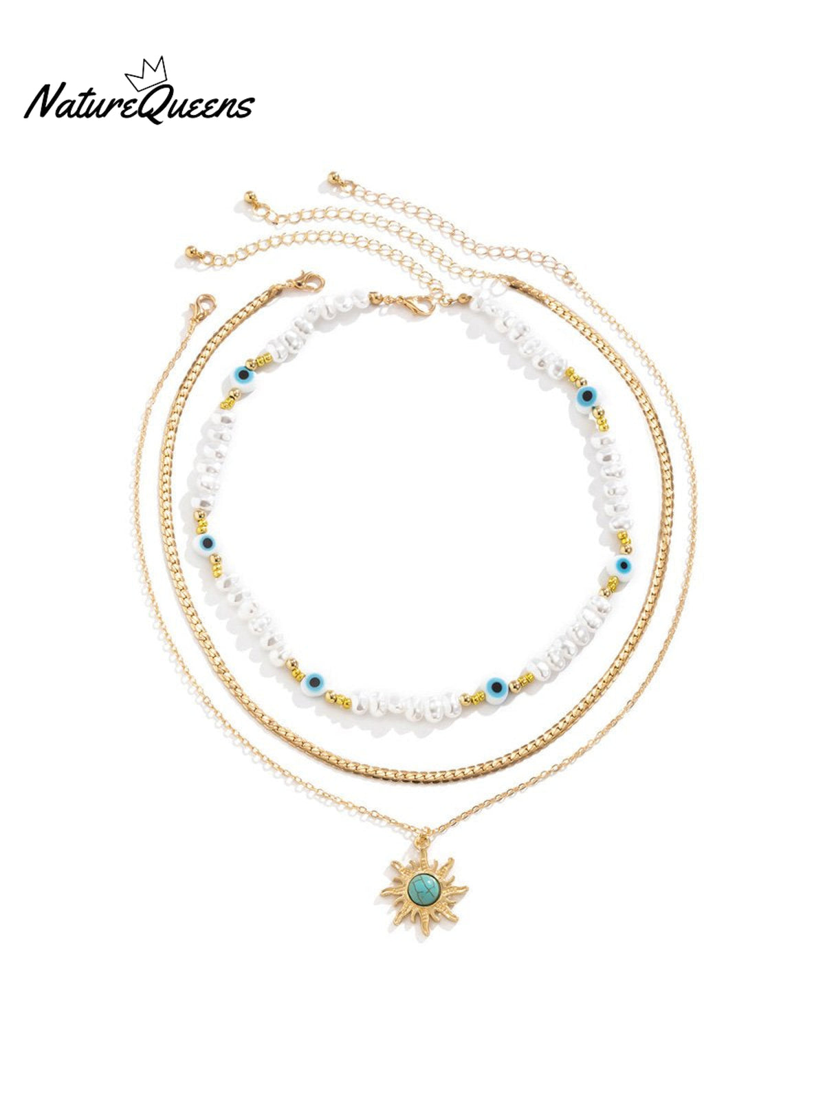 Vintage Ethnic Style Eye And Sun Turquoise Pendant Necklace Gold / One Size