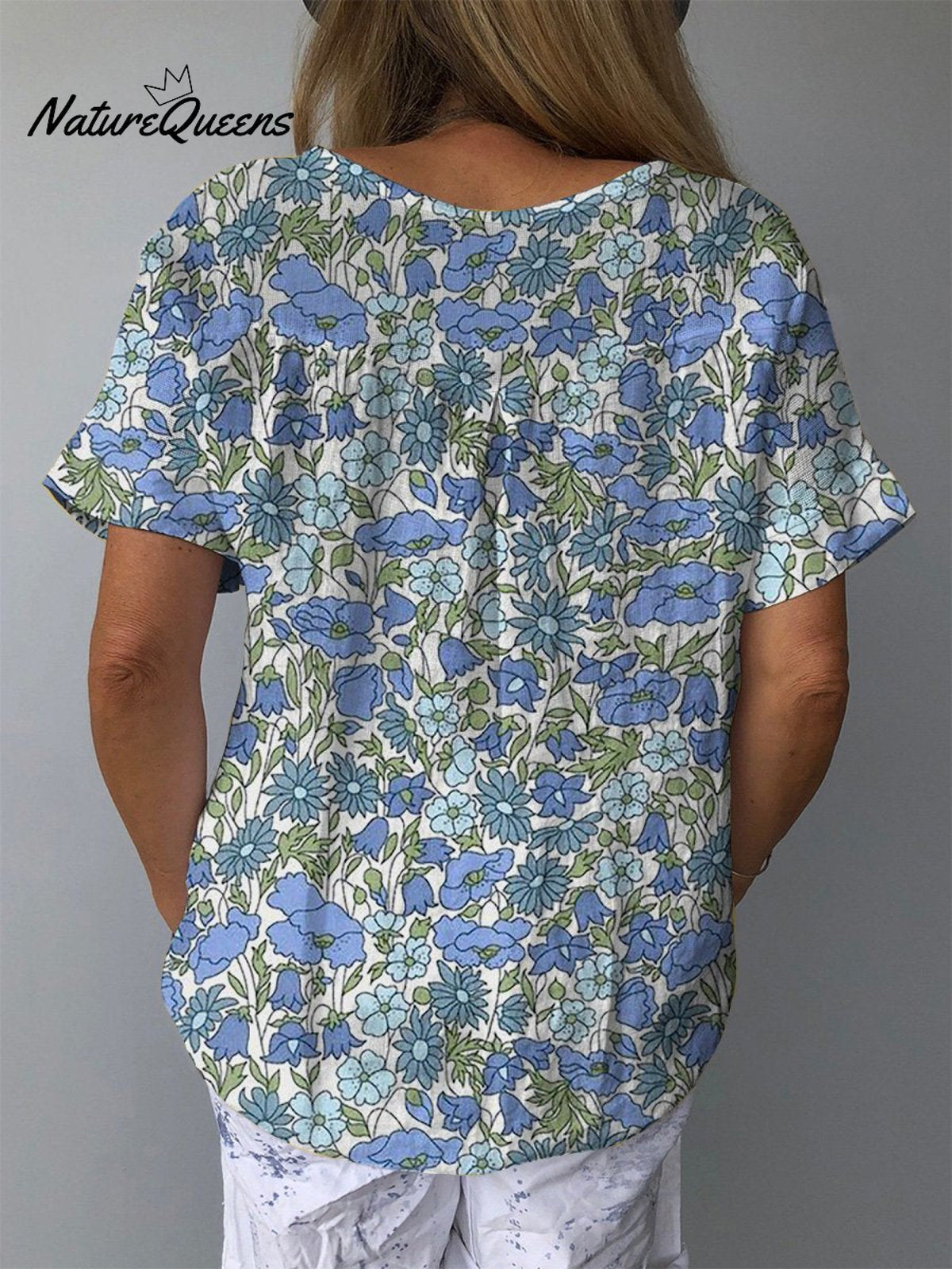 Retro Style Blue Floral Repeat Pattern Printed Women’s Casual Cotton And Linen Shirt
