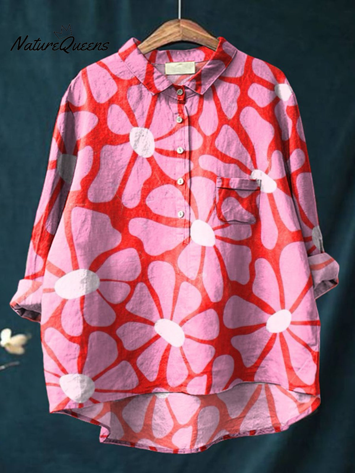 Women'sFlowerArt Print Casual Cotton And Linen Shirt