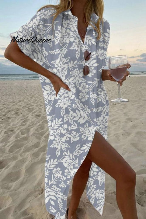 Women's White Simple Shadow Floral Print V-Neck Linen Pocket Dress