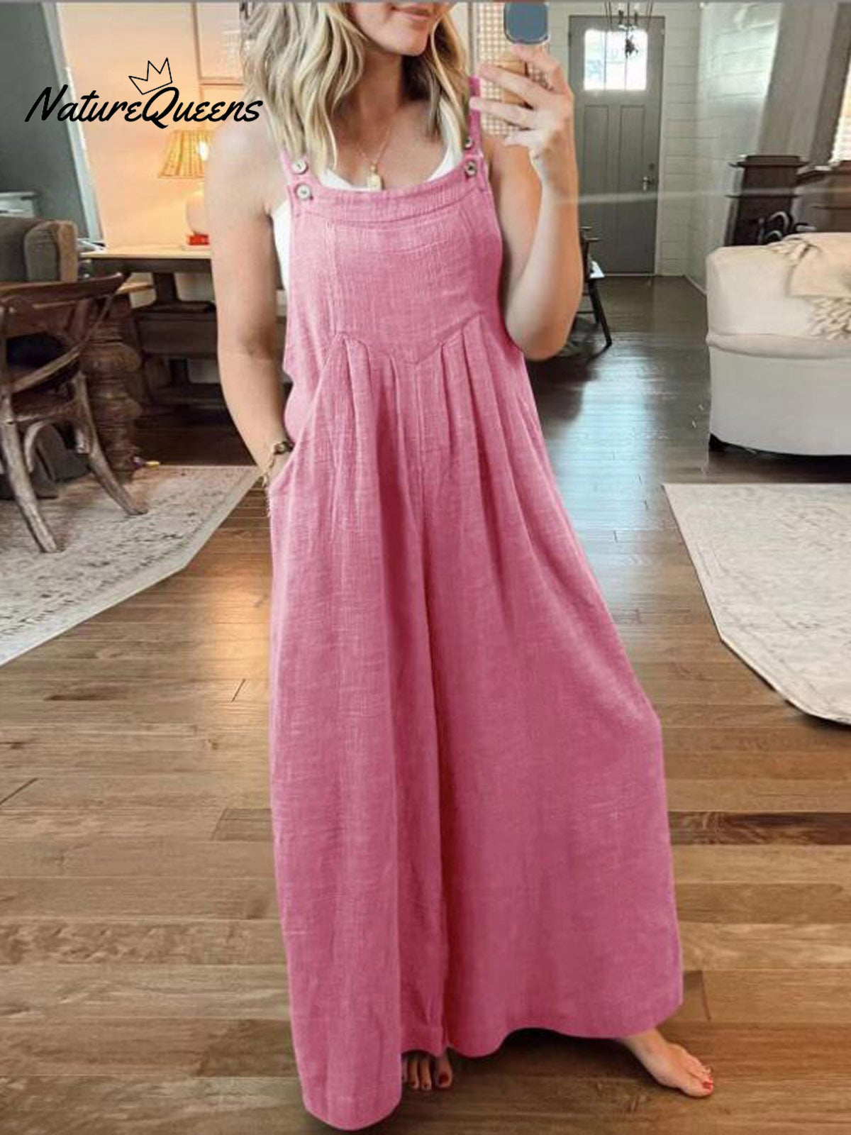 Women’s Solid Color Loose Elegant Casual Cotton Linen Suspender Jumpsuit Pink / S