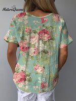 Women’s Retro Floral Art Print Casual Cotton And Linen Shirt