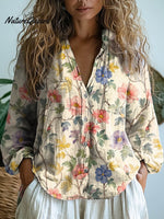 Women's Lovely Floral Art Print Casual Long Sleeve Comfortable Cotton Shirt