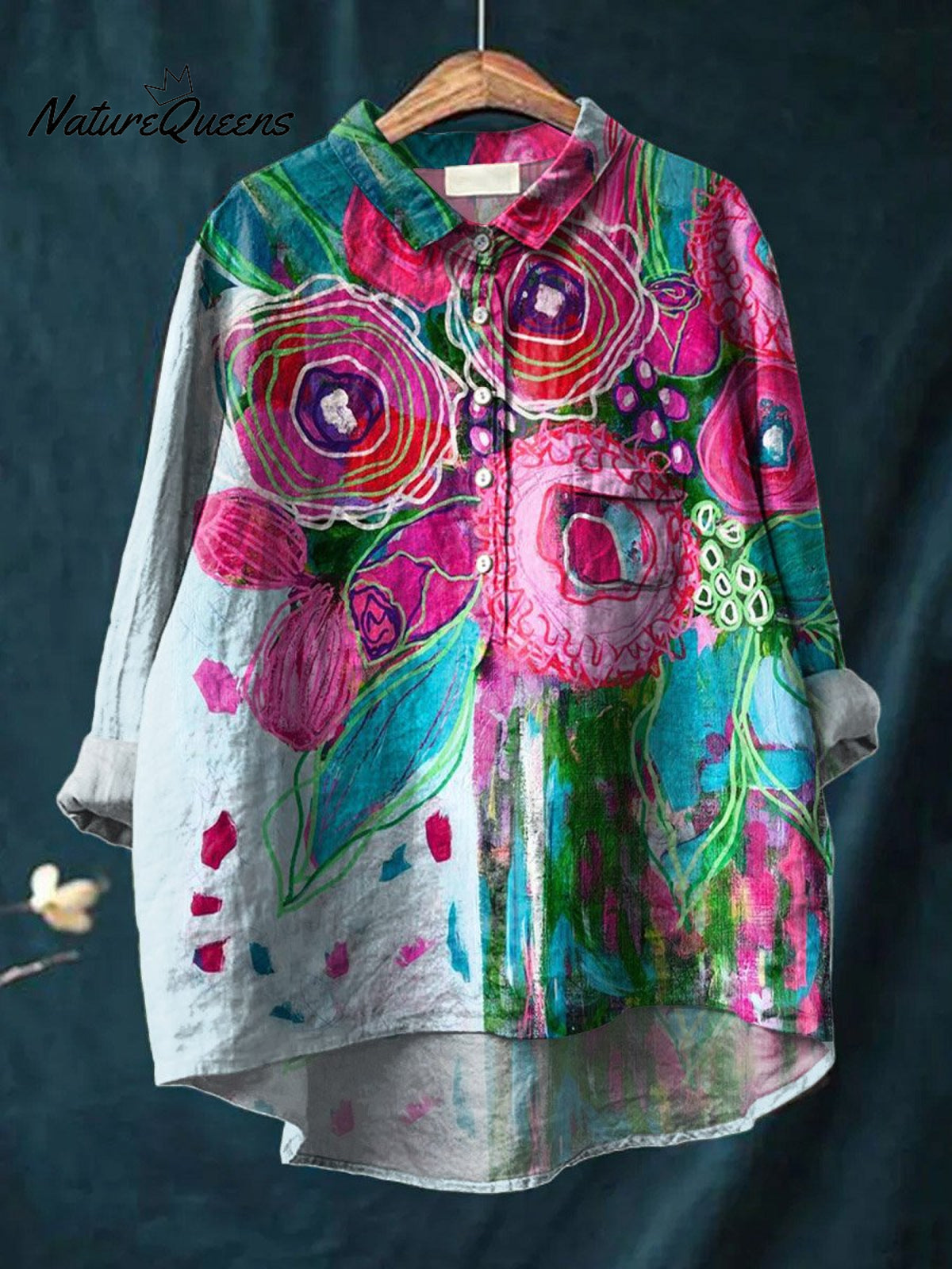 Vintage Lovely Floral Art Print Casual Cotton And Linen Shirt