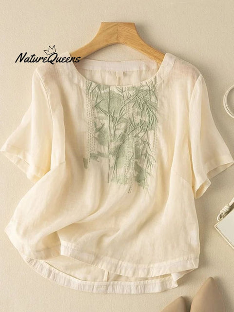 Women's Cotton and Linen Heavy Industry Embroidered Cotton and Linen Tops