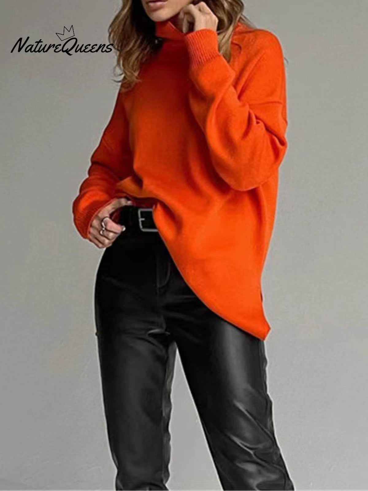 Women's Solid Color Stylish Long-sleeved Loose turtleneck Warm Casual Knitted Sweater