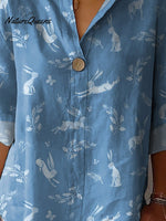 Spring Woodland Rabbit Repeat Pattern Printed Women's Casual Cotton Linen Shirt