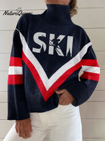 Vintage Winter Ski Print Knit Turtleneck Pullover Sweater