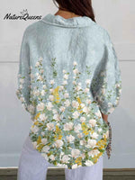 Women's White and Yellow Small Floral Print On Blue Background Casual Linen V-neck Shirt