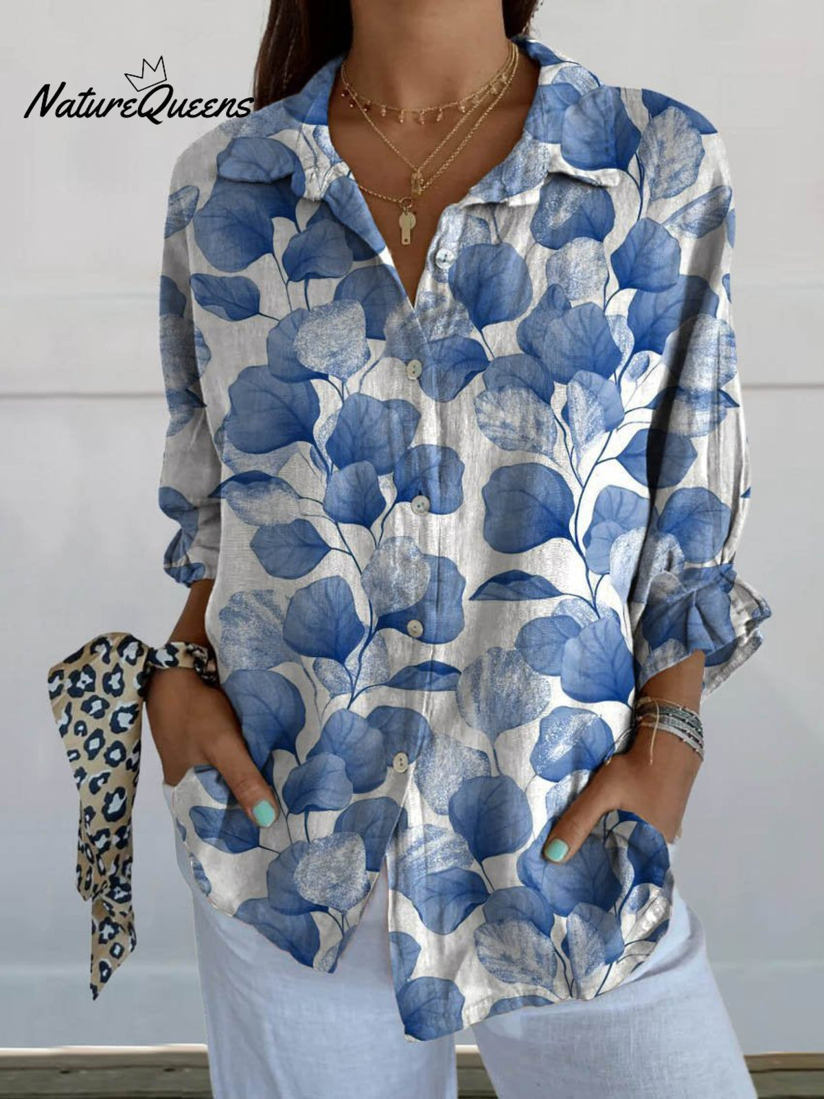 Women's Vintage Floral Art Print Casual Linen V-neck Shirt