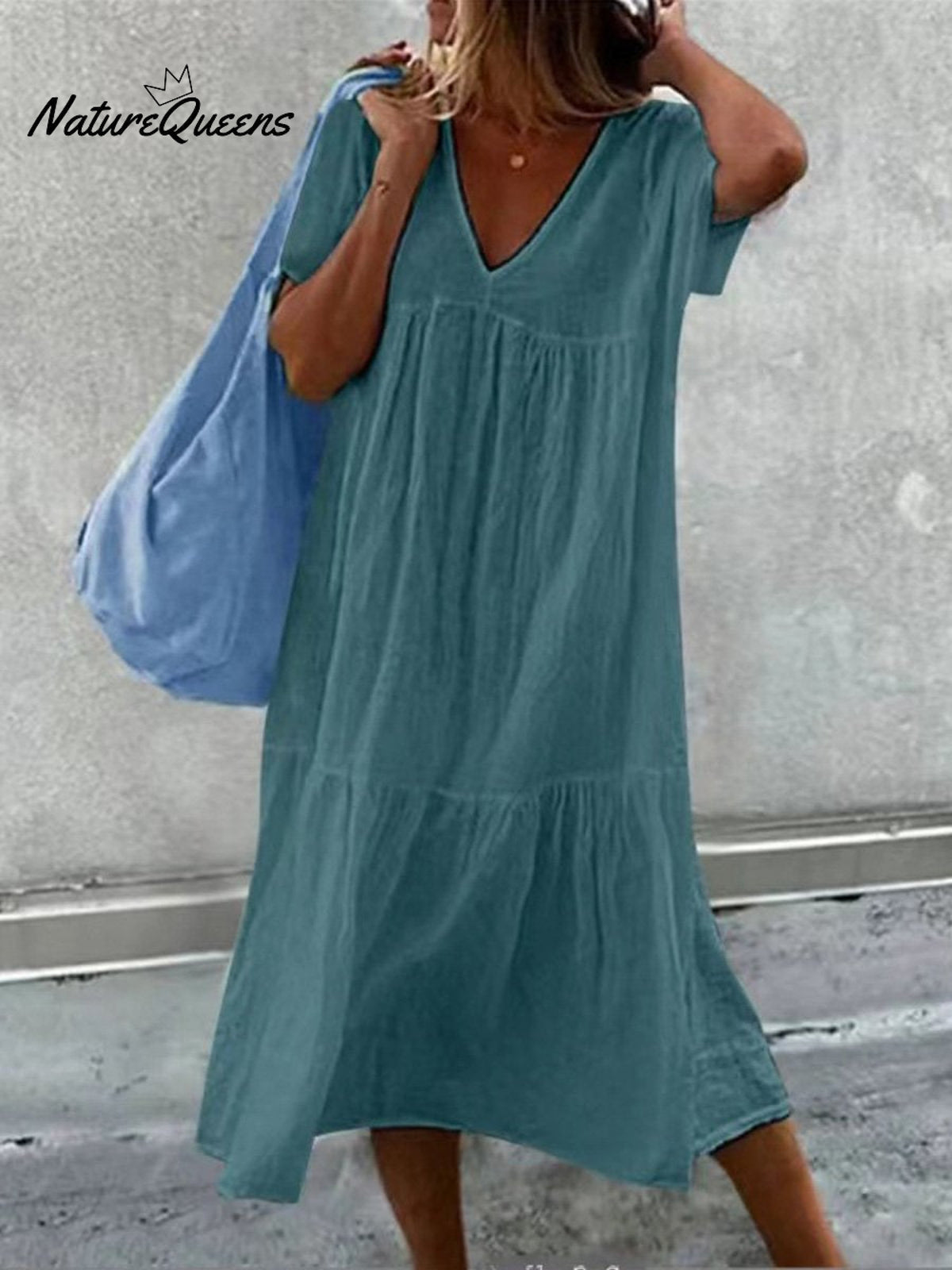 Women's V-Neck Short Sleeve Cotton And Linen Midi Dress
