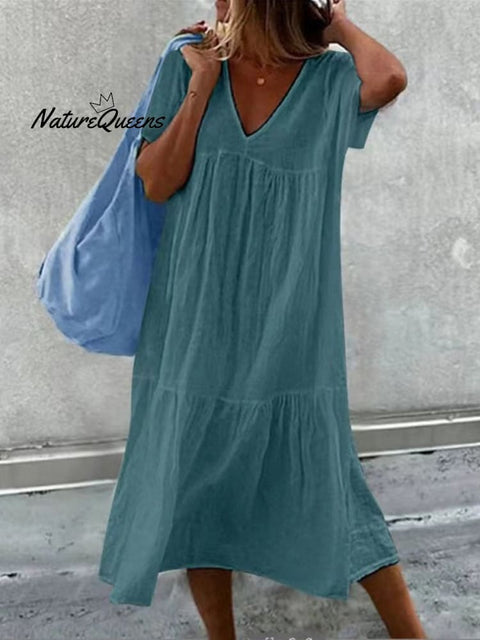 Women's V-Neck Short Sleeve Cotton And Linen Midi Dress