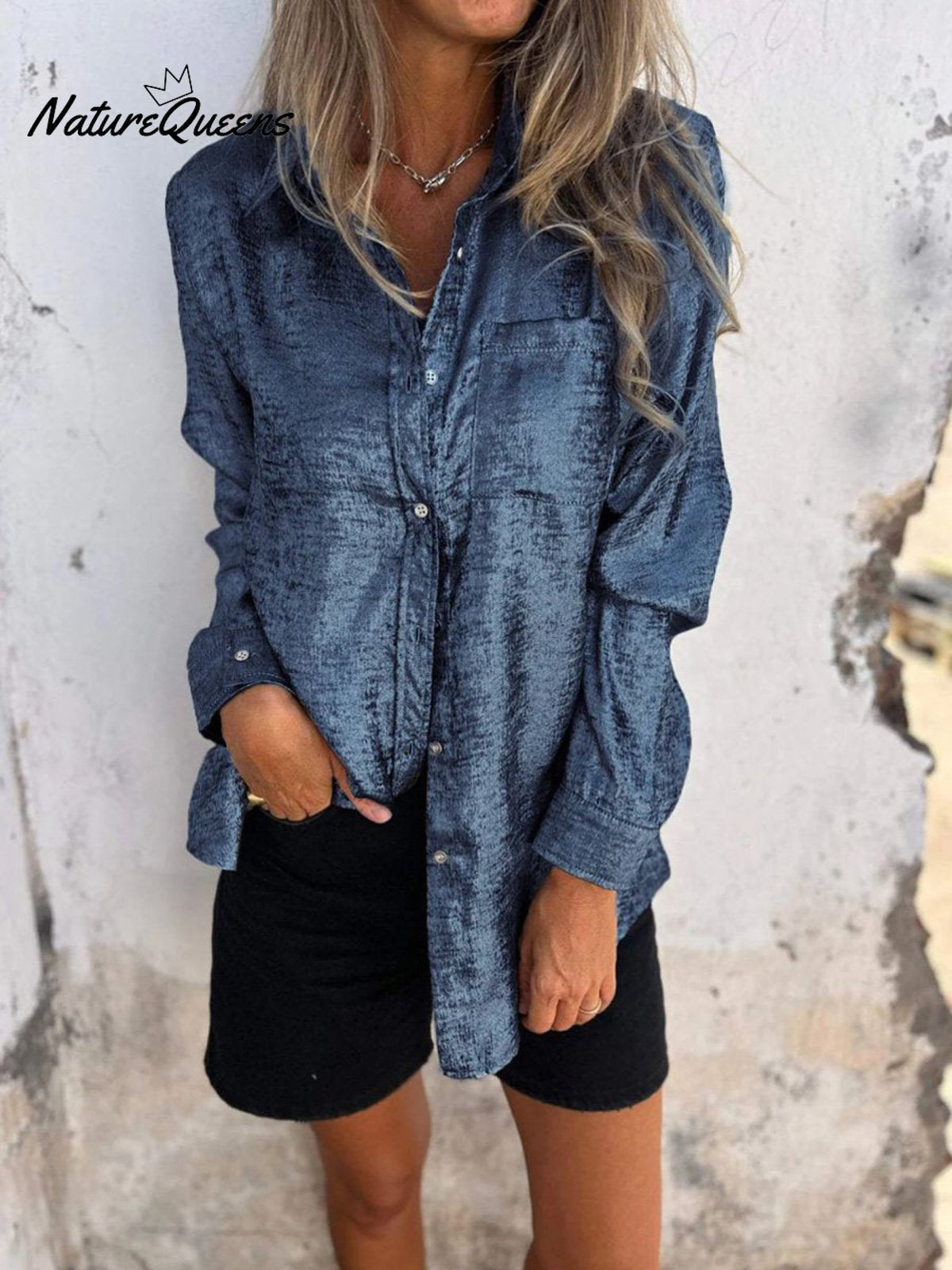 Casual Suede Lapel Neck Button Down Shirt Blue / S