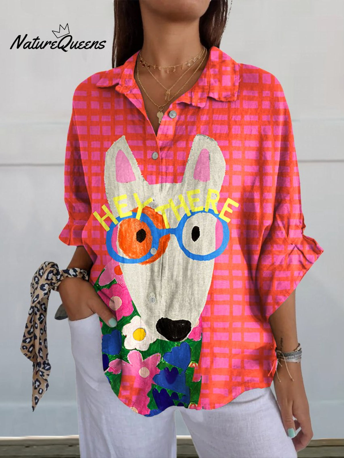 Women's Dog ArtPrint Casual LinenShirt