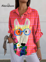 Women's Dog ArtPrint Casual LinenShirt