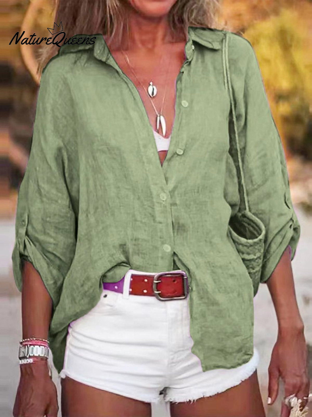 Women’s Solid Color Cotton And Linen Loose Fit Shirt Green / S