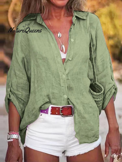 Women’s Solid Color Cotton And Linen Loose Fit Shirt Green / S