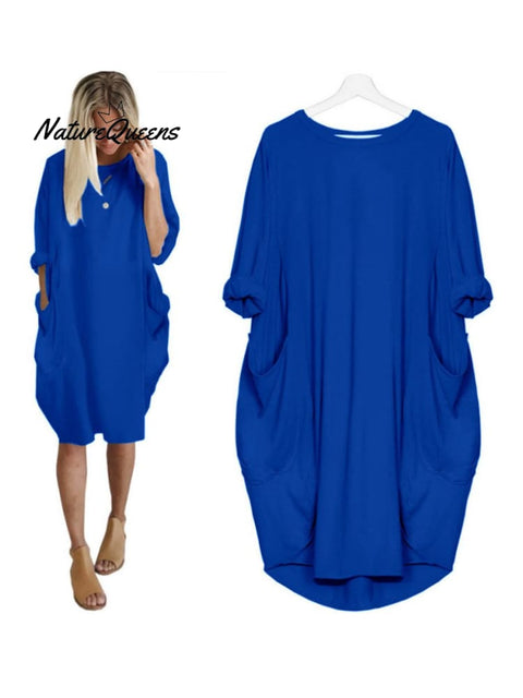 Women’s Solid Color Loose Elegant Casual Long - Sleeved Pocket Dress Blue / S