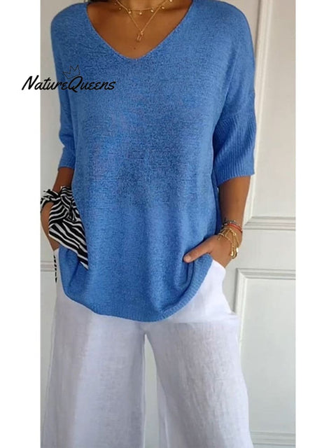 Women’s Solid Color Knitted 3/4 Sleeve V - Neck Top Blue / S