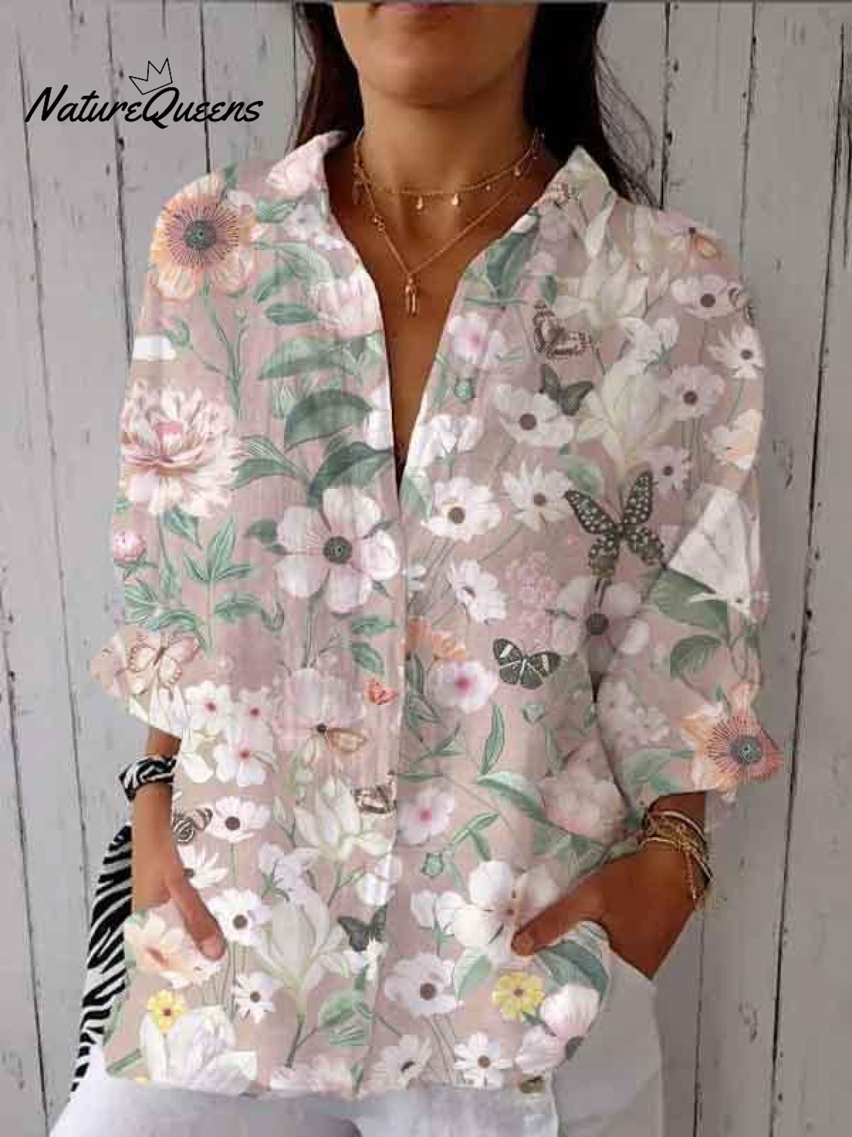 Women's Pink Floral Print Casual Linen V-neck Shirt