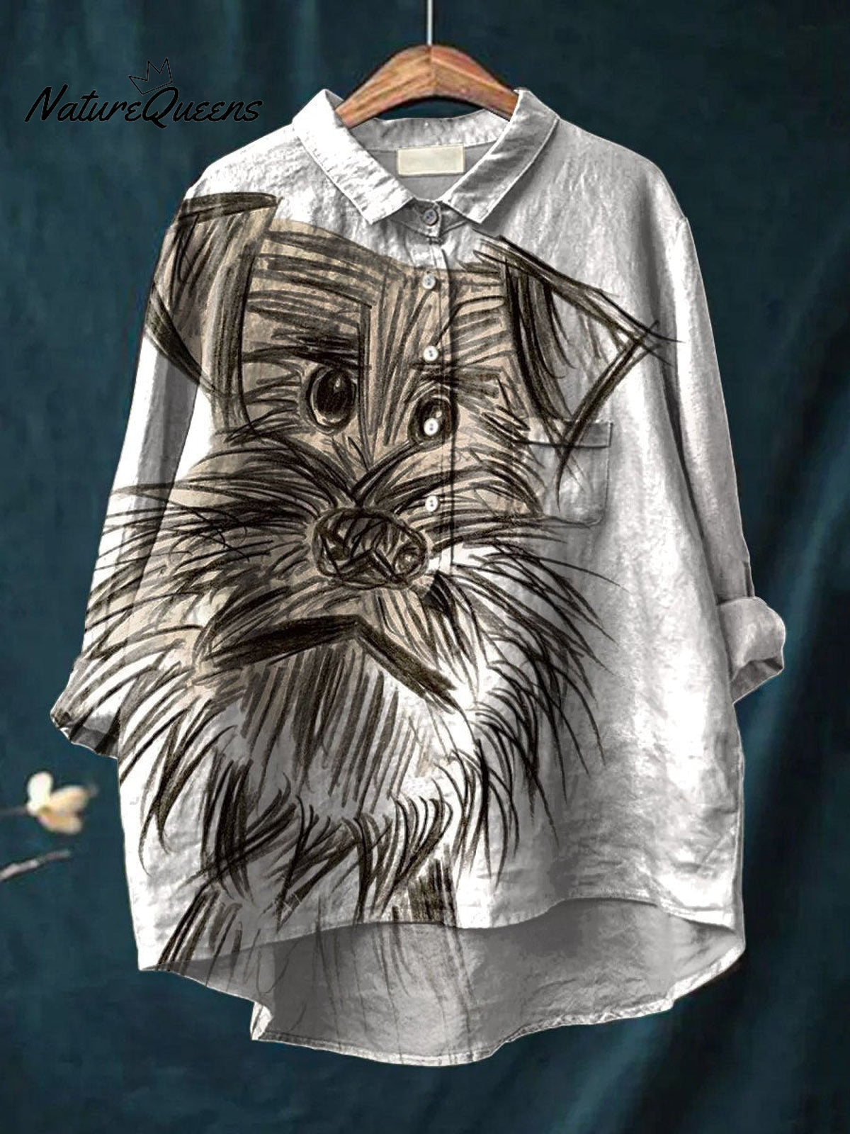 Women's Vintage Cute Dog Art Print Casual Cotton And Linen Shirt