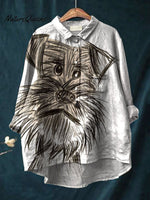 Women's Vintage Cute Dog Art Print Casual Cotton And Linen Shirt
