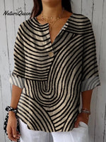 Women's Geometric Hand Drawn Circle Line Pattern Printed Casual Cotton Linen Shirt