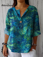 Women's Peacock Feather Print Casual Cotton Linen Shirt