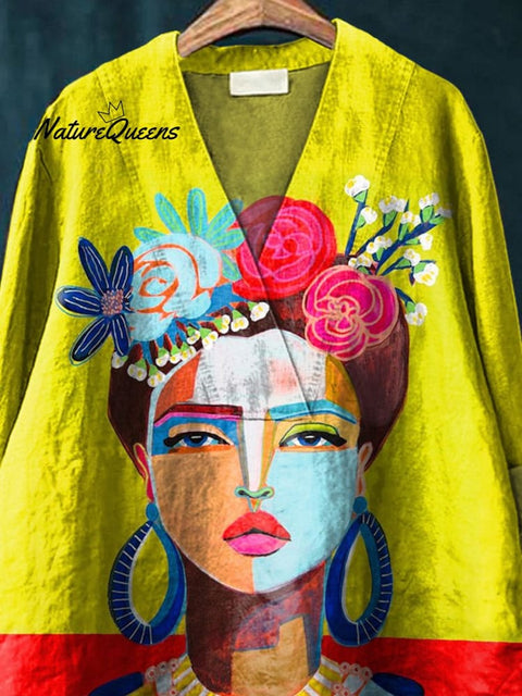 Oil Painting Freda Portrait Art Printed Women's Casual Cotton And Linen V-neck Shirt