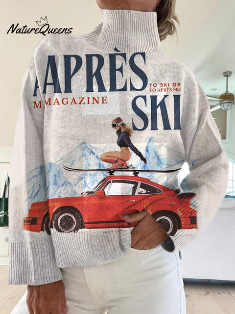 Retro Apres Ski  Art Print Knit Turtleneck Pullover Sweater