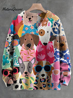 Men's V-neck Women's Cartoon Flower Shirt for Puppies Print Long Sleeve Sweater