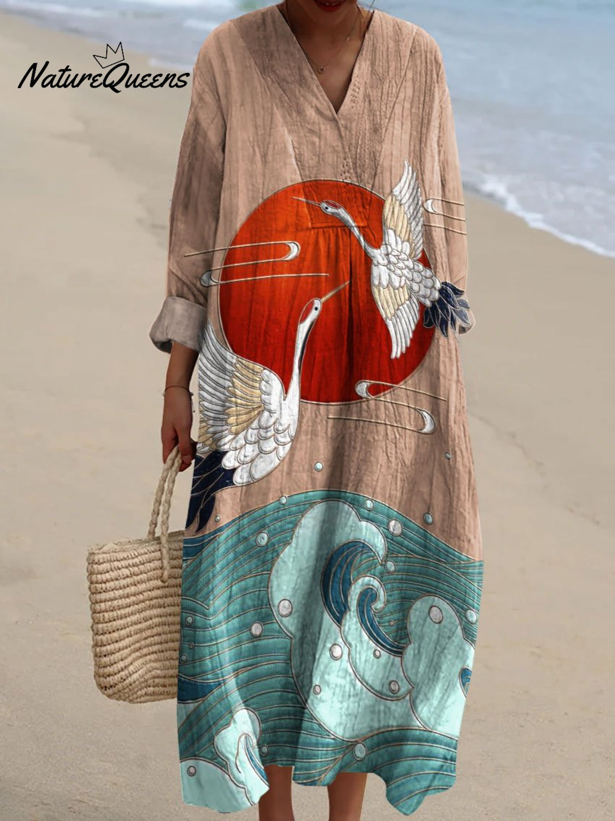 Women's Vintage White Crane Art Print Dress