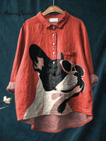 Decorative Pattern of French Bulldog Wearing Sunglasses On Red Background Casual Cotton And Linen Shirt