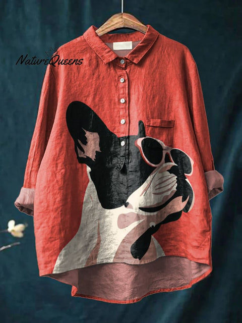 Decorative Pattern of French Bulldog Wearing Sunglasses On Red Background Casual Cotton And Linen Shirt