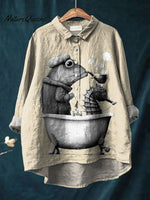 Vintage Lovely Fish Art Print Casual Cotton And Linen Shirt