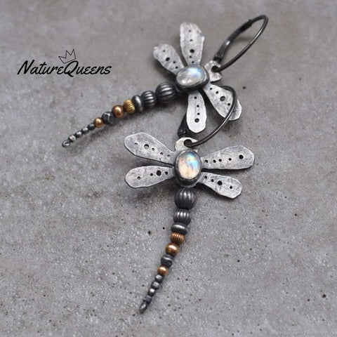 Round Moonstone Dragonfly Earrings