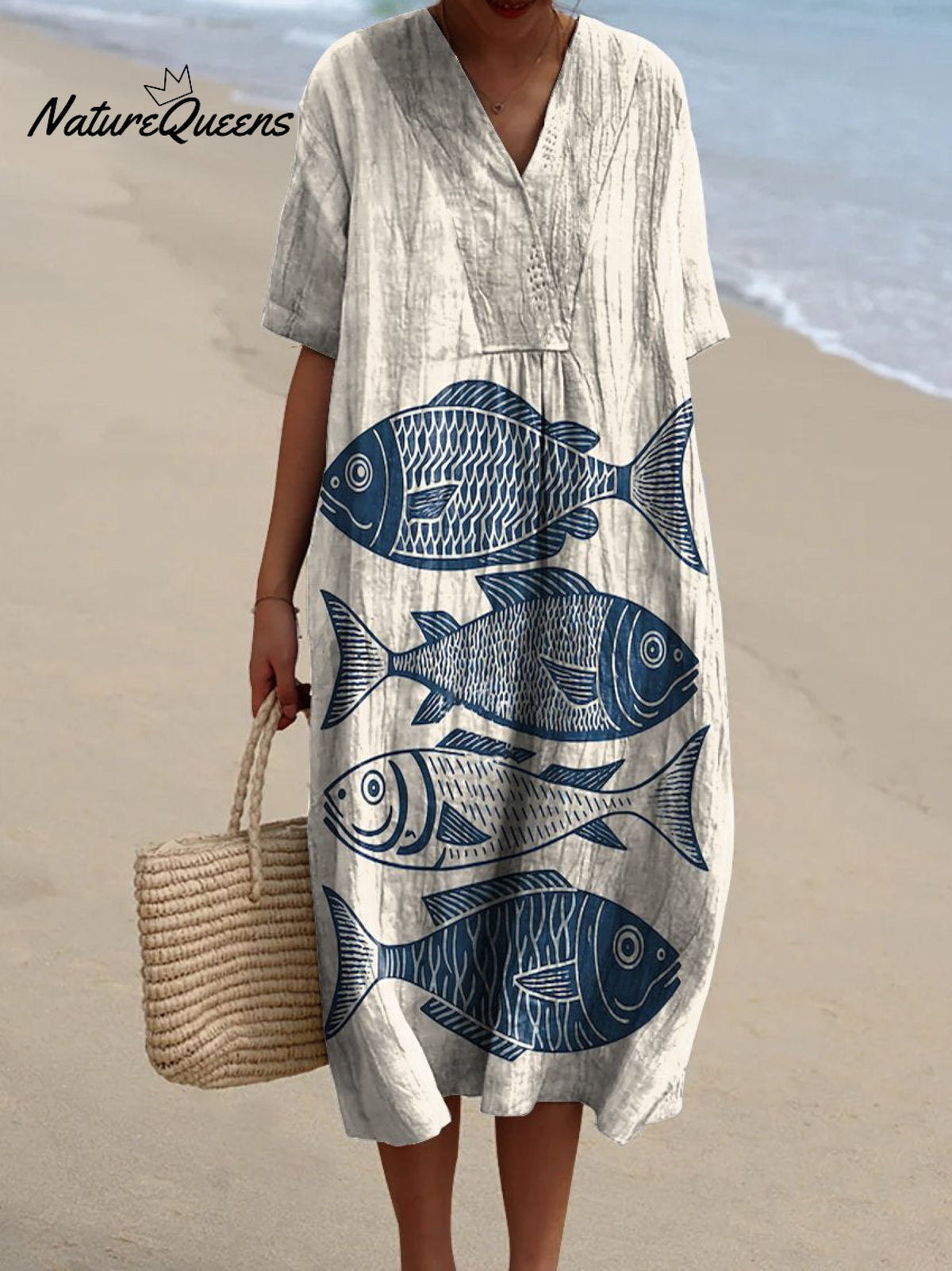 Women's Scandinavian Style Fish Art Modern Vintage Fish Art Vintage Print Flowy Dress