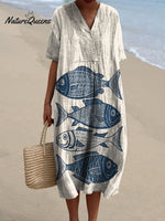 Women's Scandinavian Style Fish Art Modern Vintage Fish Art Vintage Print Flowy Dress