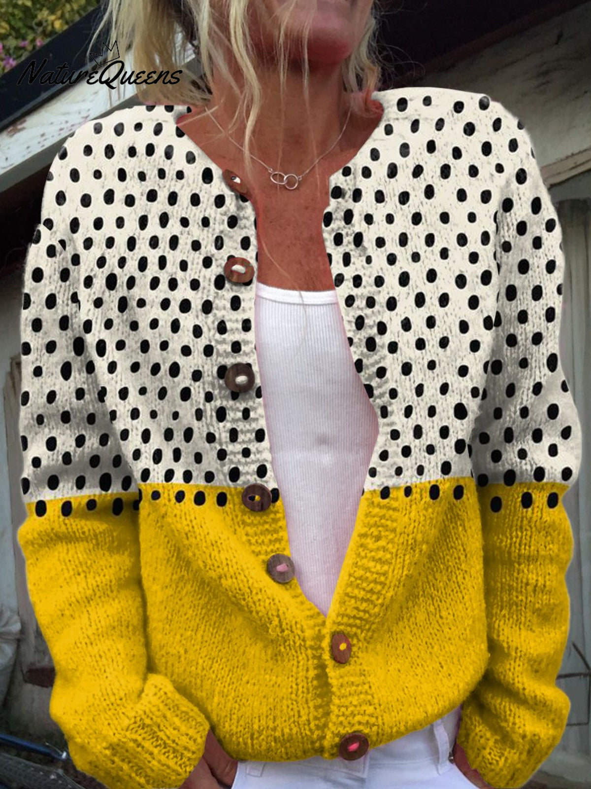 Yellow Geometric Polka Dots Print Buttoned Cardigan Sweater