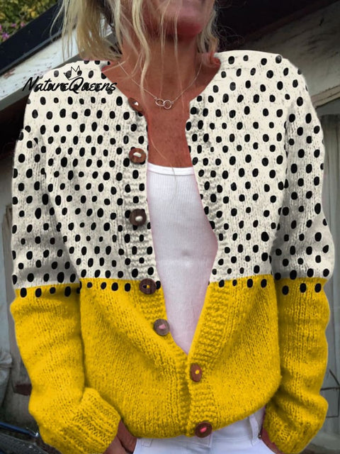 Yellow Geometric Polka Dots Print Buttoned Cardigan Sweater