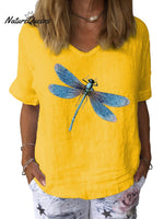 Women’s Dragonfly Art Print Cotton & Linen Casual Top Yellow / S