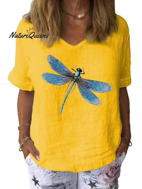 Women’s Dragonfly Art Print Cotton & Linen Casual Top Yellow / S